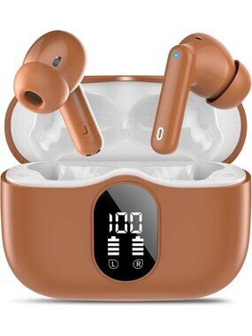 Wireless Brown Bass Stereo Noise Cancelling Mic LED Display Bluetooth 5.4 Earbud